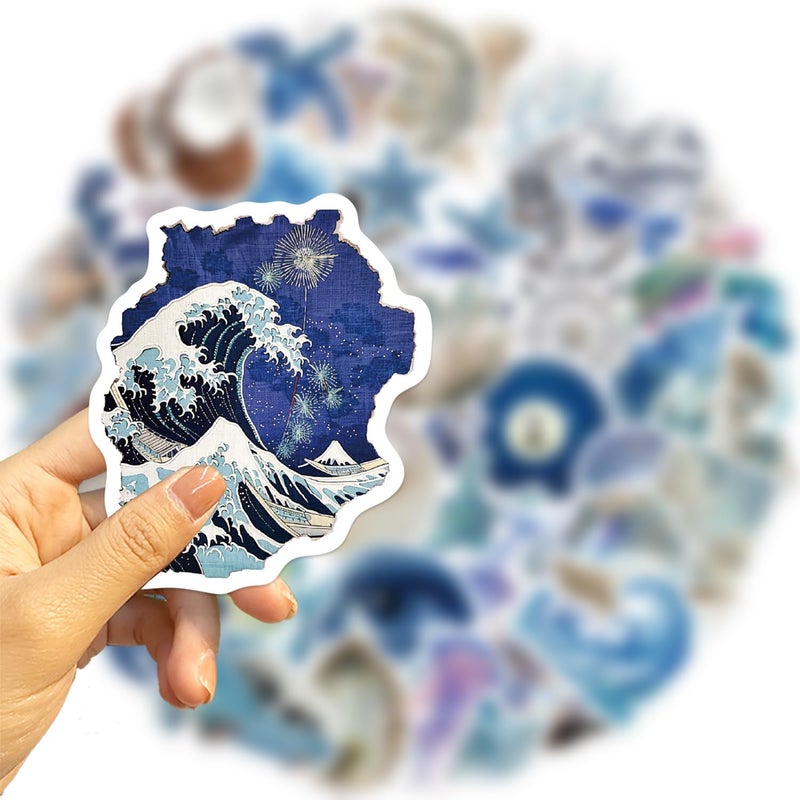 Yoksas 50 Pcs Cute Silver Blue Ocean Beach Stickers - Waterproof Coastal Marine Life Aesthetic Artistic Sea Decals for Water Bottles,Laptop,Scrapbooking - Image 2